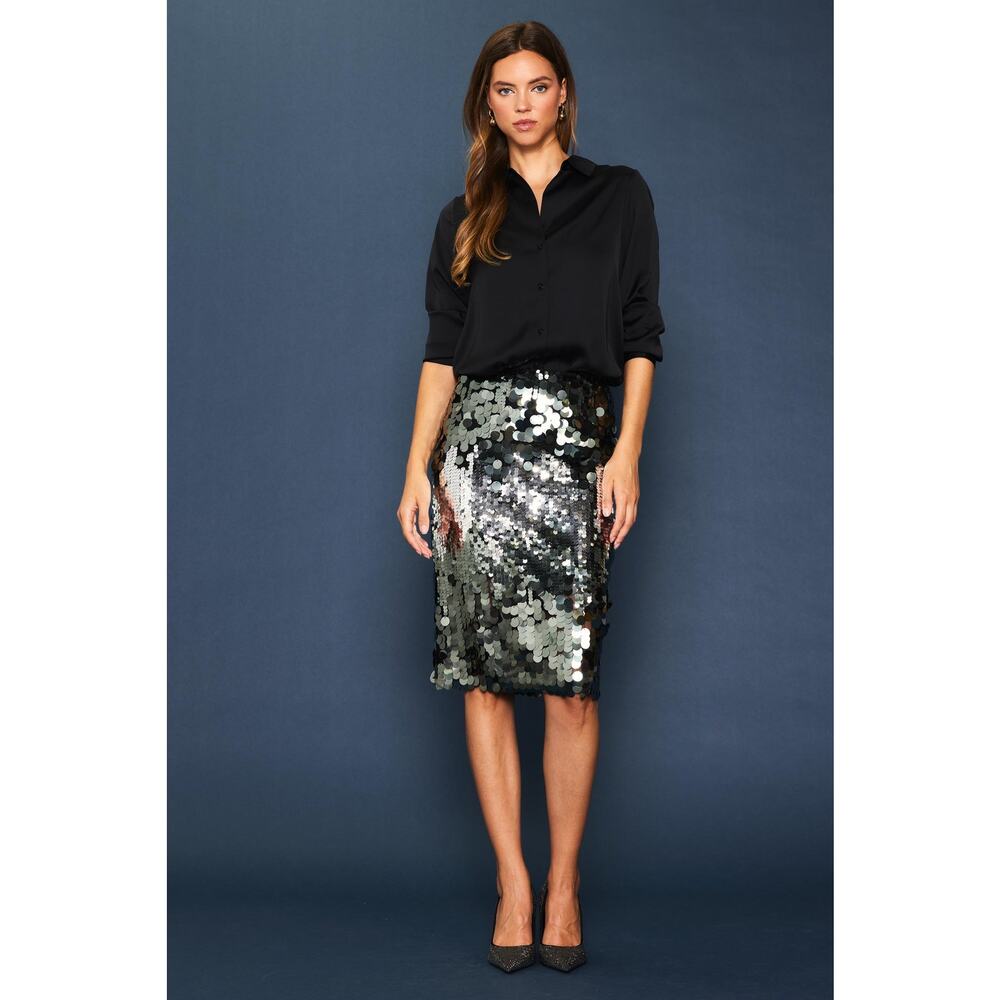 Skies Are Blue Skirt Silver Black Sequins Mini Knee Length Party Cocktail XS NWT